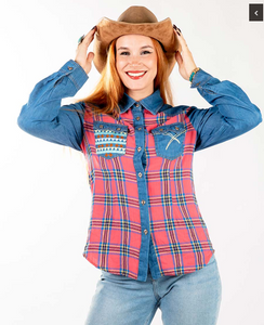 Montana West Patchwork Chambray Long Sleeve Shirt - Pure Country Bling 