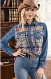 Montana West Patchwork Chambray Long Sleeve Shirt - Pure Country Bling 